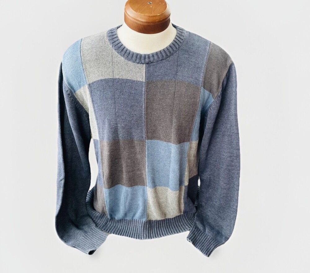 VTG Oscar De La Renta Men’s Blue Knit Colorblock Sweater Size L Soft 90s